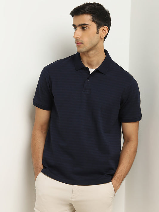 WES Casuals Navy Striped Relaxed-Fit Polo T-Shirt