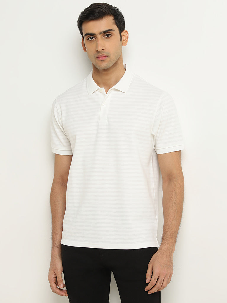 WES Casuals Off-White Striped Relaxed-Fit Polo T-Shirt