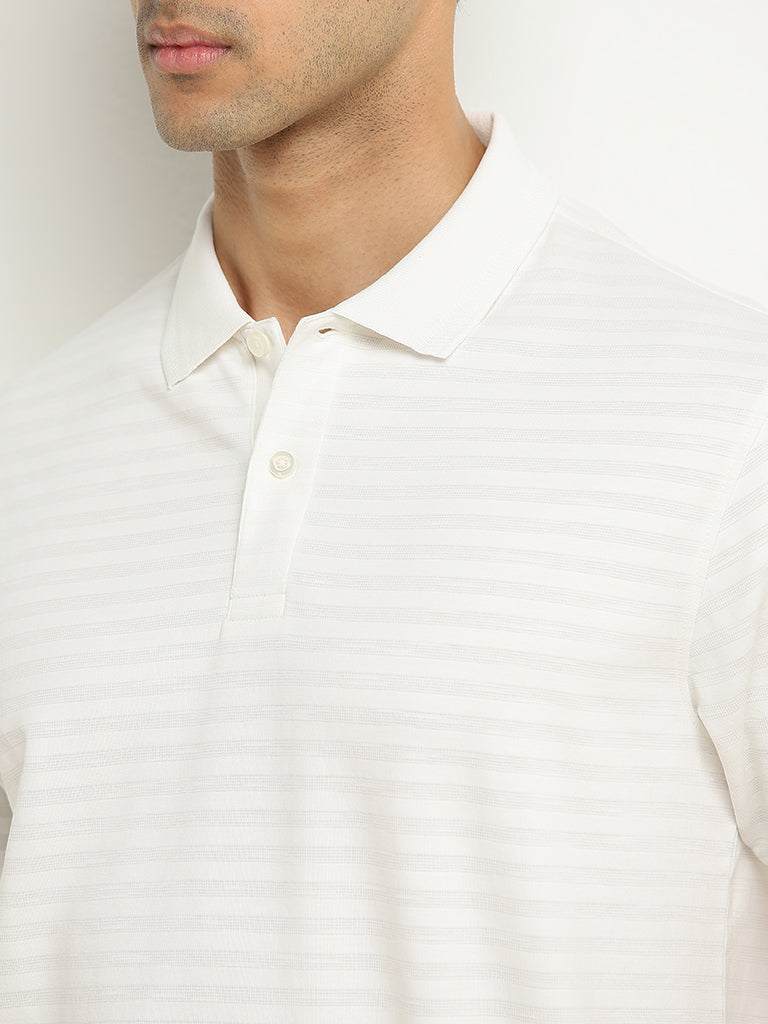 WES Casuals Off-White Striped Relaxed-Fit Polo T-Shirt