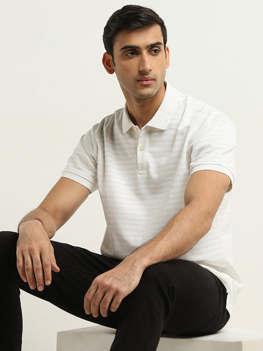 WES Casuals Off-White Striped Relaxed-Fit Polo T-Shirt