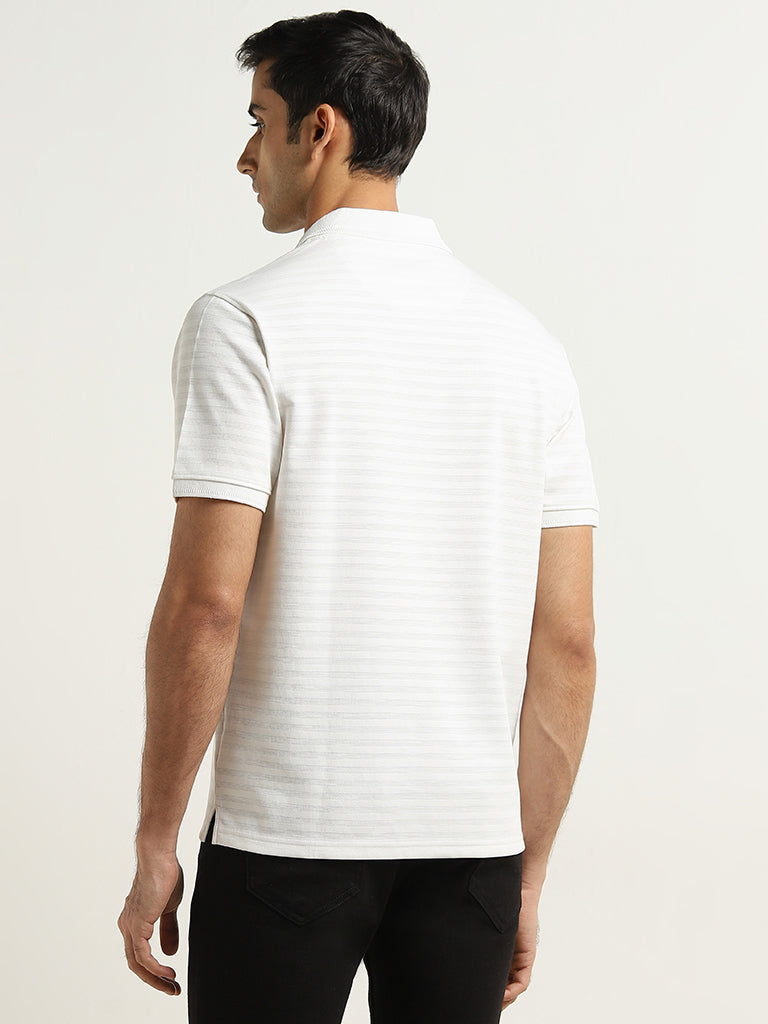 WES Casuals Off-White Striped Relaxed-Fit Polo T-Shirt