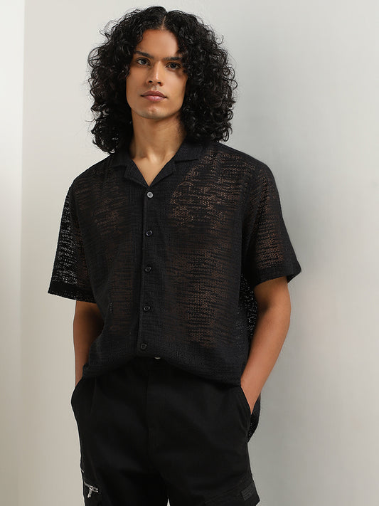Nuon Black Knit-Textured Relaxed-Fit Cotton Blend Shirt