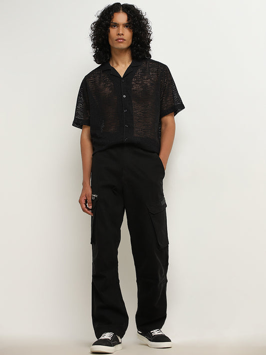 Nuon Black Knit-Textured Relaxed-Fit Cotton Blend Shirt