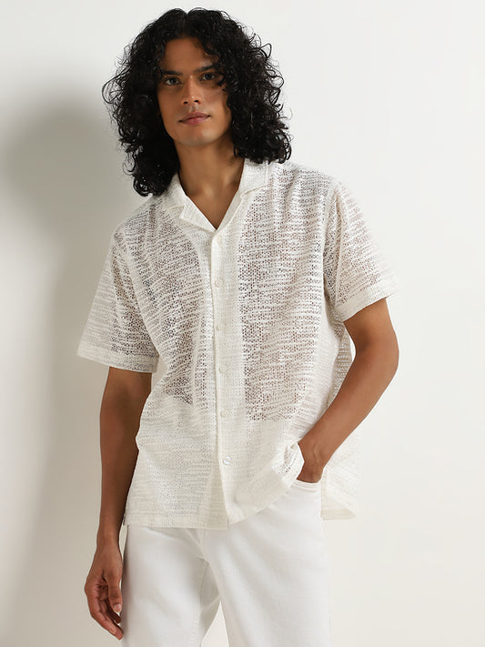 Nuon White Knit-Textured Relaxed-Fit Cotton Blend Shirt