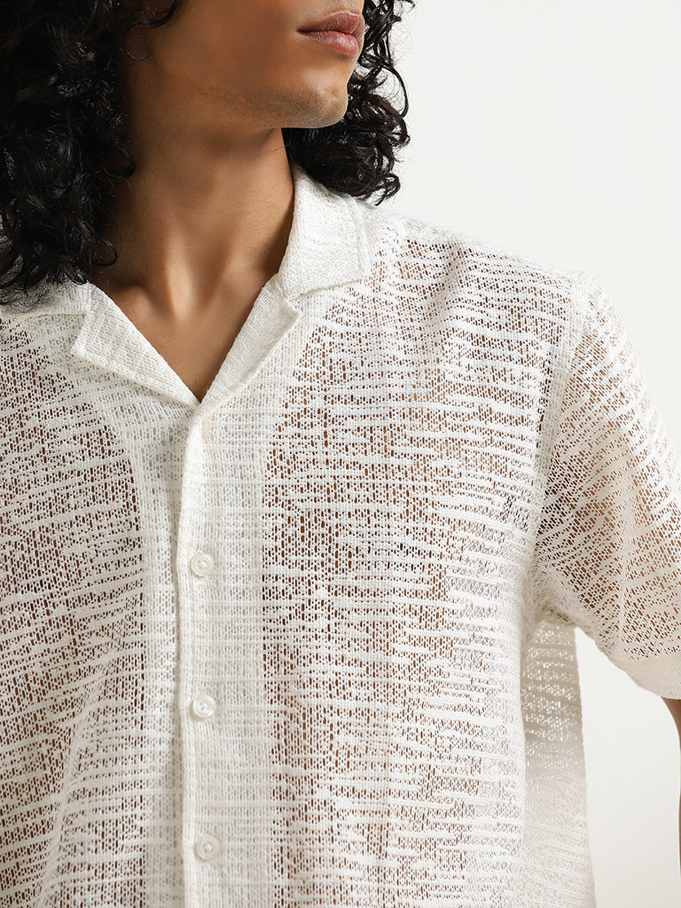 Nuon White Knit-Textured Relaxed-Fit Cotton Blend Shirt