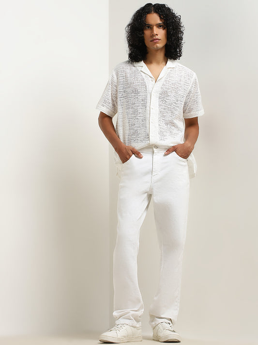 Nuon White Knit-Textured Relaxed-Fit Cotton Blend Shirt