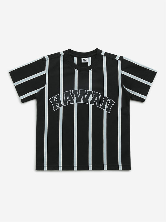 Y&F Kids Black Striped Printed T-Shirt