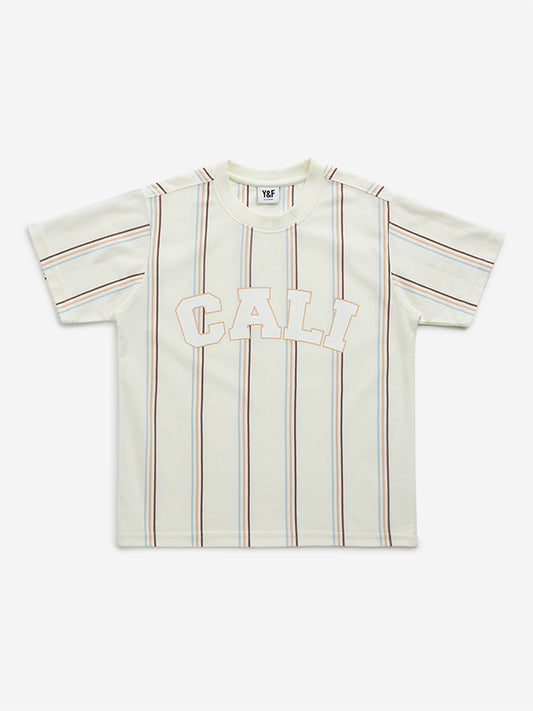 Y&F Kids Off-White Striped Printed T-Shirt