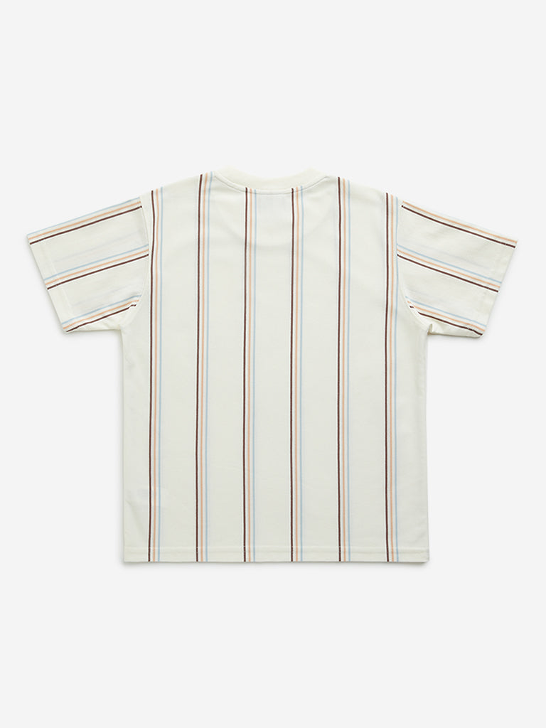 Y&F Kids Off-White Striped Printed T-Shirt