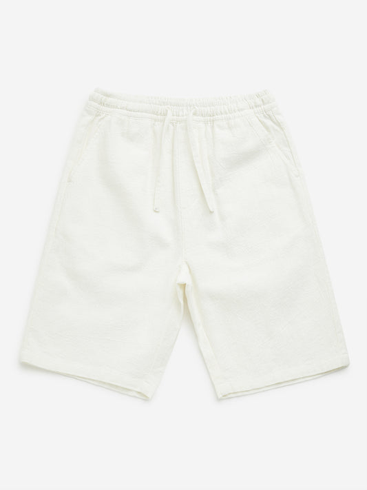 Y&F Kids Off-White Textured Mid-Rise Cotton Shorts