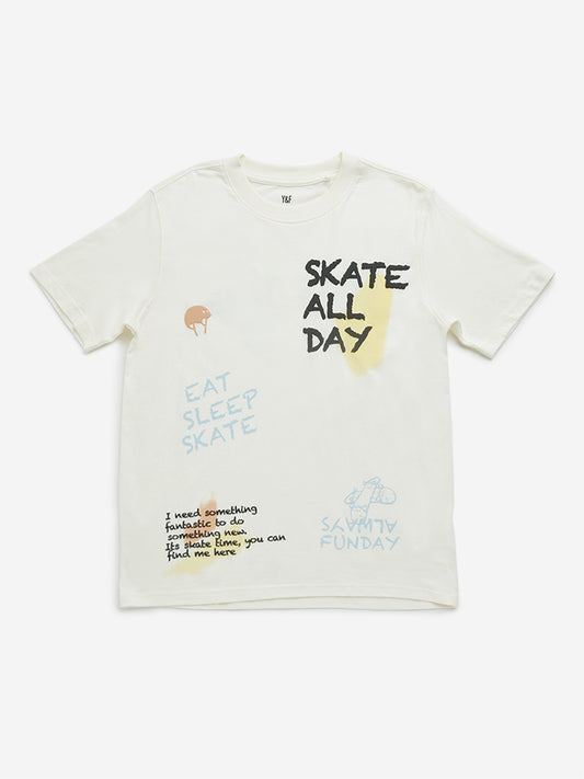 Y&F Kids Off-White Text Design Cotton T-Shirt