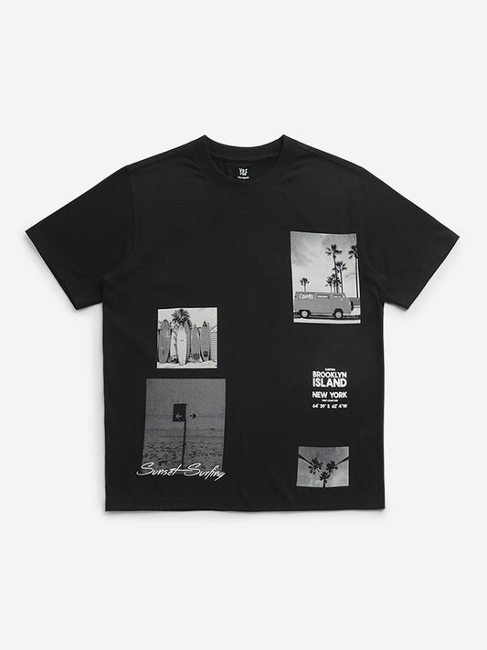 Y&F Kids Black Cityscape-Inspired Cotton T-Shirt