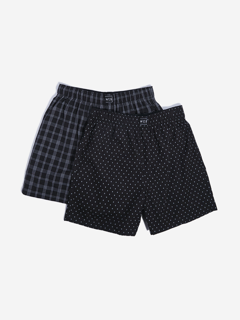 WES Lounge Black Printed Cotton Boxers - Pack of 2