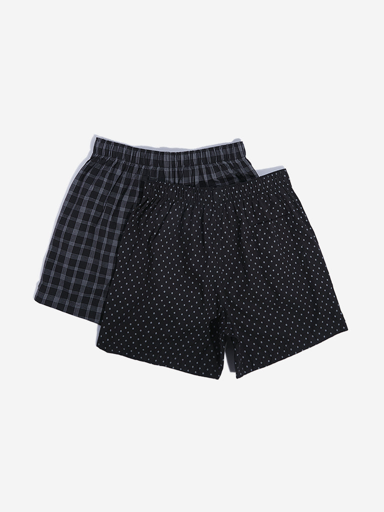 WES Lounge Black Printed Cotton Boxers - Pack of 2