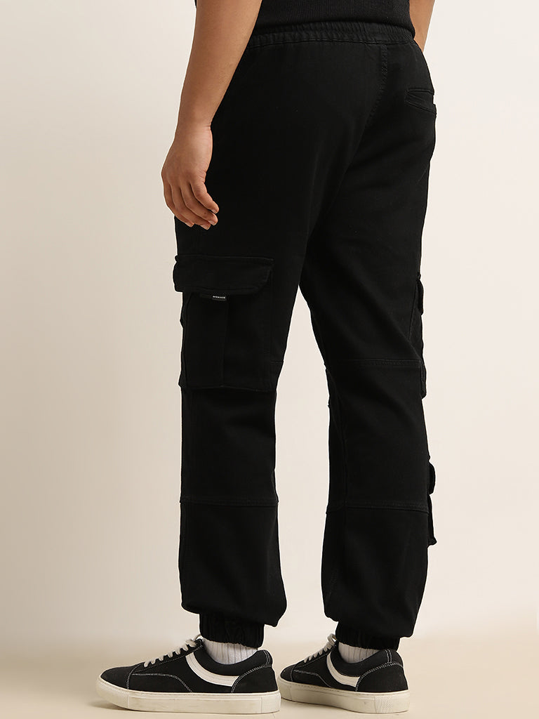 Nuon Black Relaxed-Fit Mid-Rise Cotton Blend Cargo Chinos