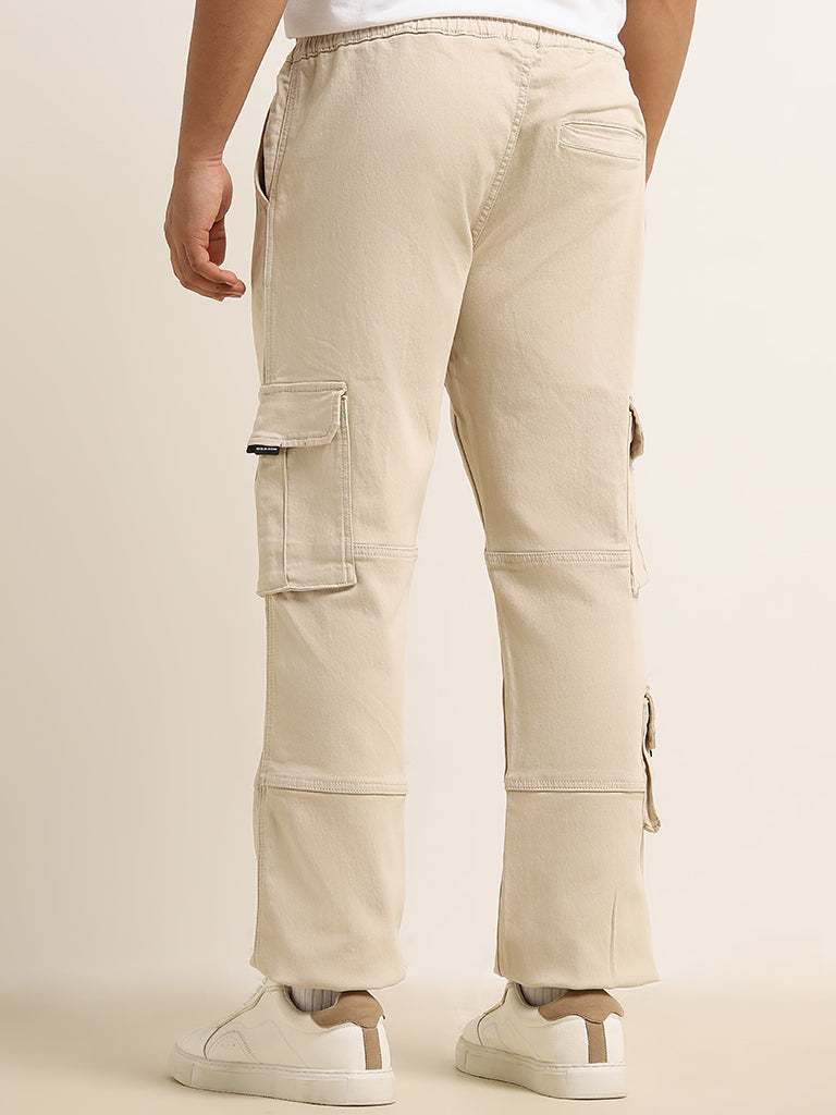 Nuon Beige Relaxed-Fit Mid-Rise Cotton Blend Cargo Chinos