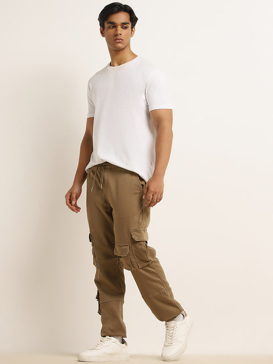 Nuon Taupe Relaxed-Fit Mid-Rise Cotton Blend Cargo Chinos