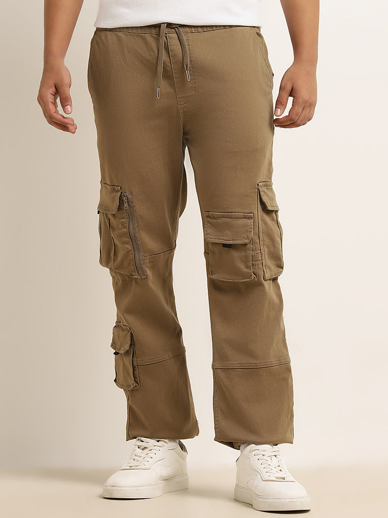 Nuon Taupe Relaxed-Fit Mid-Rise Cotton Blend Cargo Chinos