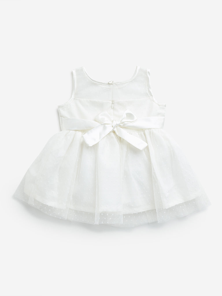 HOP Baby Off-White Bow Applique A-Line Mesh Dress