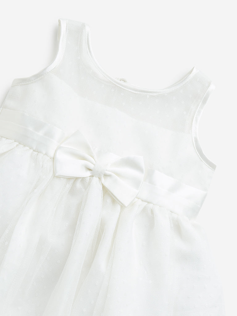 HOP Baby Off-White Bow Applique A-Line Mesh Dress