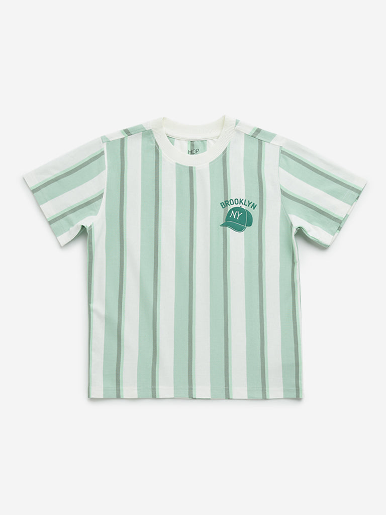 HOP Kids Green Striped Printed Cotton T-Shirt