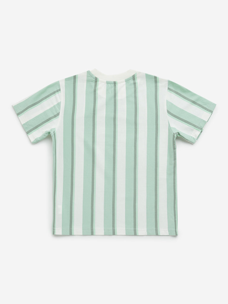 HOP Kids Green Striped Printed Cotton T-Shirt