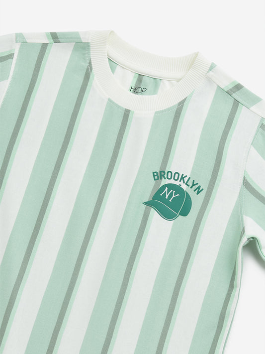 HOP Kids Green Striped Printed Cotton T-Shirt