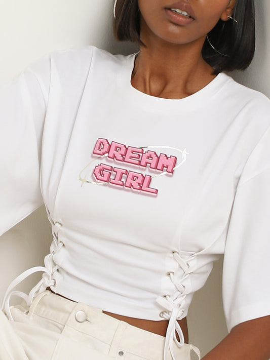 Nuon White Text Design Lace-Up Cotton T-Shirt