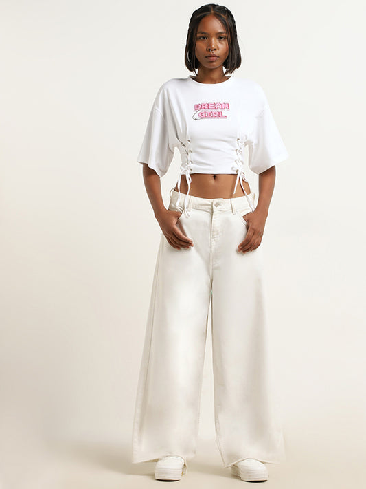 Nuon White Text Design Lace-Up Cotton T-Shirt