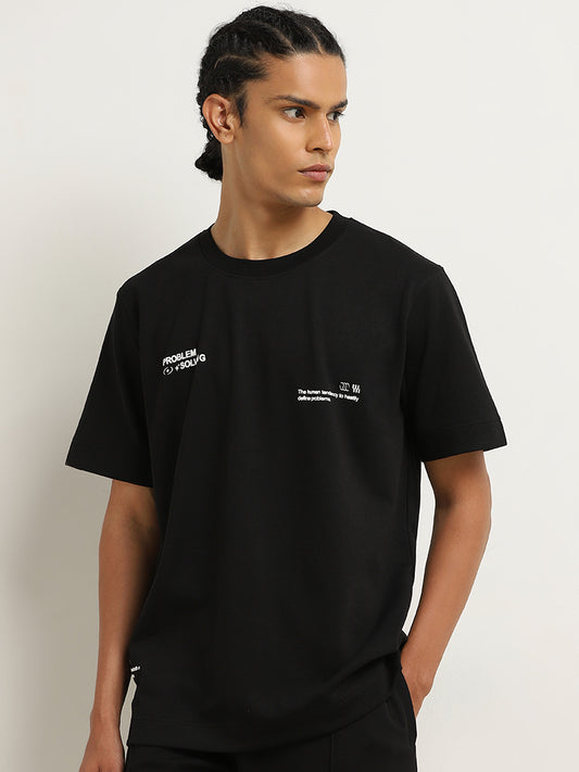 Studiofit Black Text Printed Relaxed-Fit T-Shirt