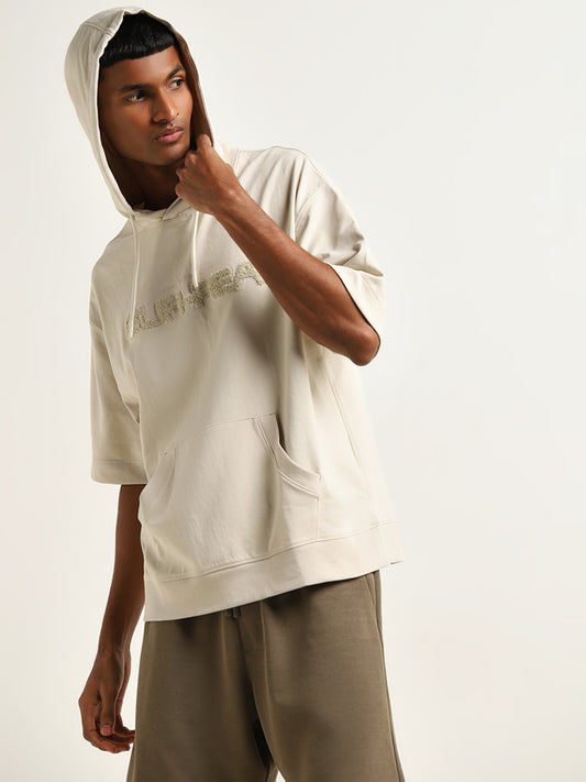 Studiofit Beige Text Embroidered Relaxed-Fit Hooded T-Shirt