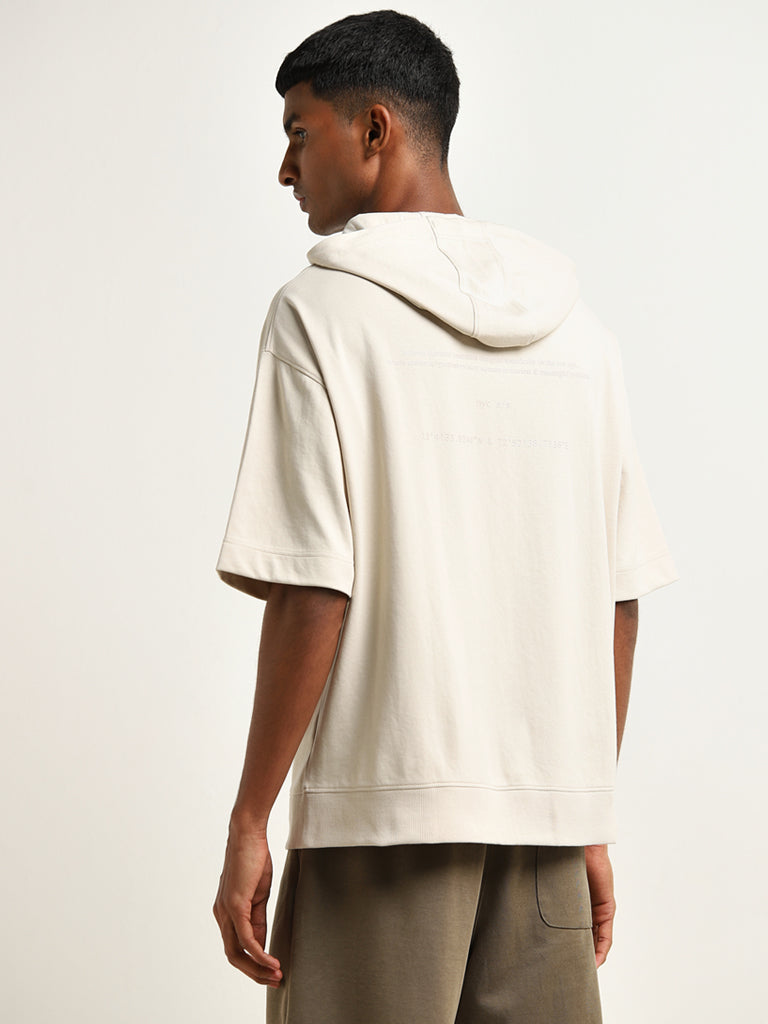 Studiofit Beige Text Embroidered Relaxed-Fit Hooded T-Shirt