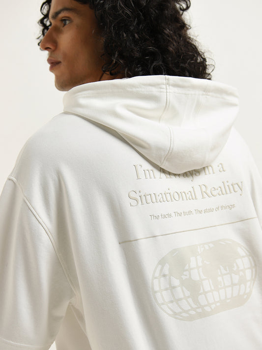 Studiofit Off-White Text Design Relaxed-Fit Hooded T-Shirt