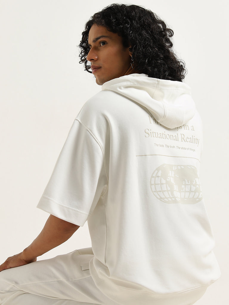 Studiofit Off-White Text Design Relaxed-Fit Hooded T-Shirt