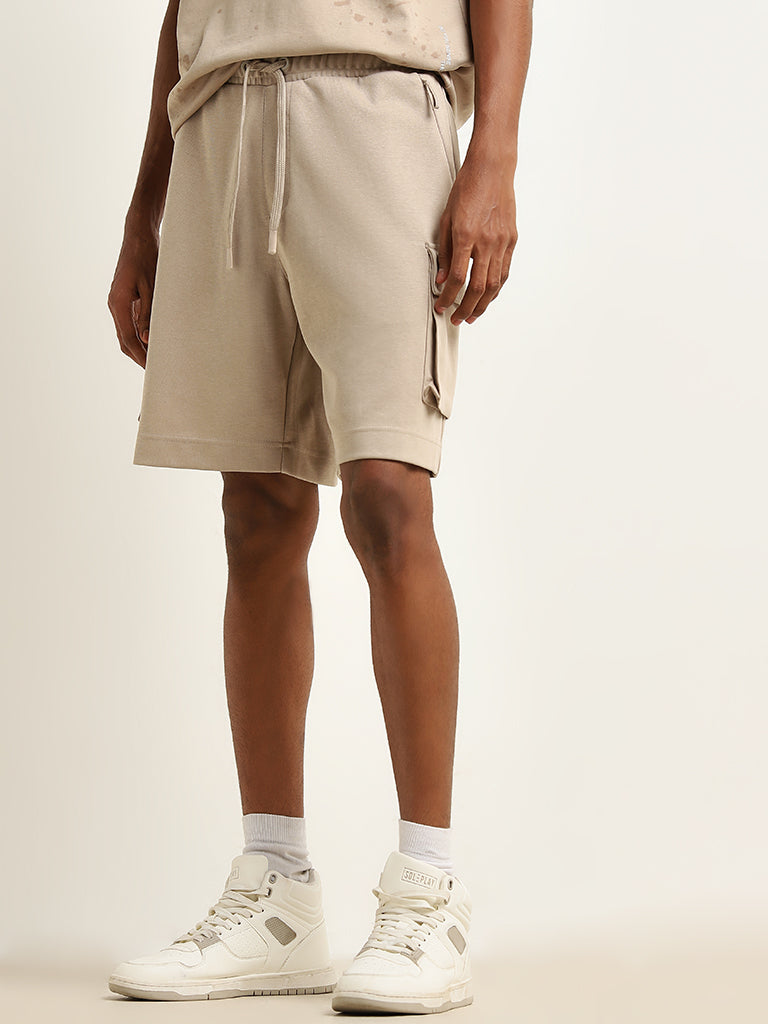 Studiofit Beige Cargo-Style Relaxed-Fit Mid-Rise Shorts