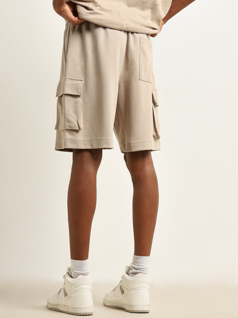 Studiofit Beige Cargo-Style Relaxed-Fit Mid-Rise Shorts