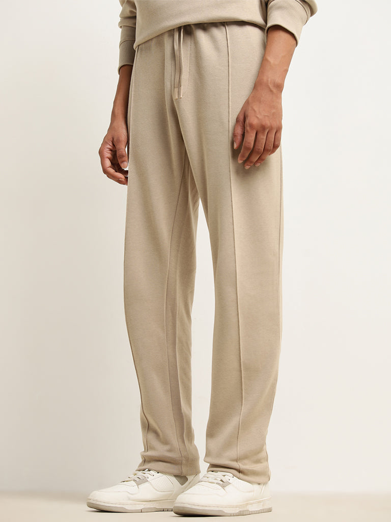 Studiofit Beige Relaxed-Fit Cotton Blend Track Pants