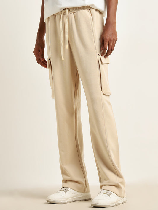 Studiofit Light Beige Relaxed-Fit Mid-Rise Track Pants