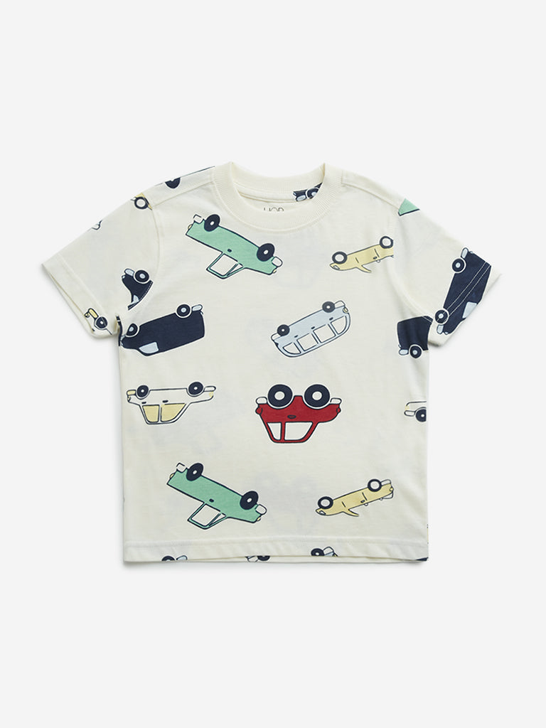 HOP Kids Off-White Car Printed Cotton T-Shirt