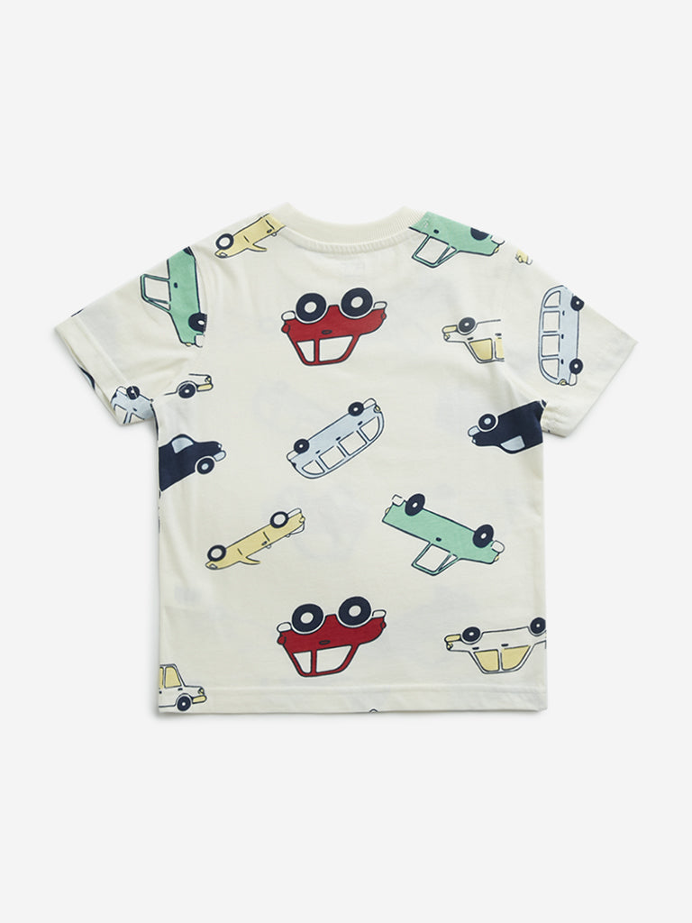 HOP Kids Off-White Car Printed Cotton T-Shirt