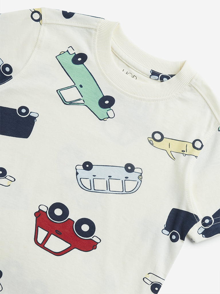 HOP Kids Off-White Car Printed Cotton T-Shirt