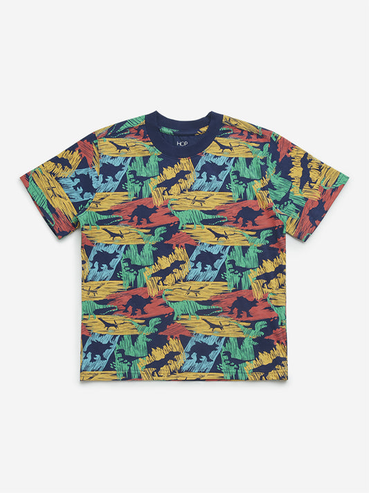HOP Kids Navy Dinosaur Printed Cotton T-Shirt