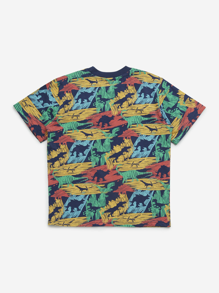 HOP Kids Navy Dinosaur Printed Cotton T-Shirt