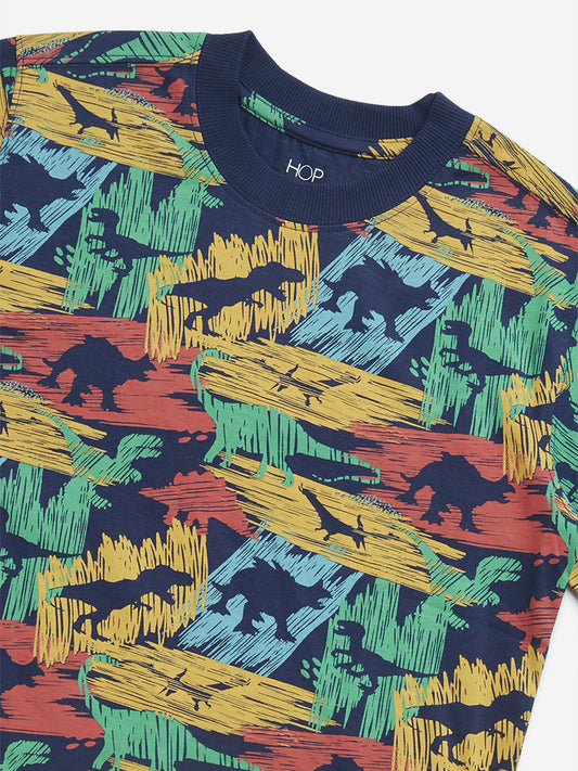 HOP Kids Navy Dinosaur Printed Cotton T-Shirt