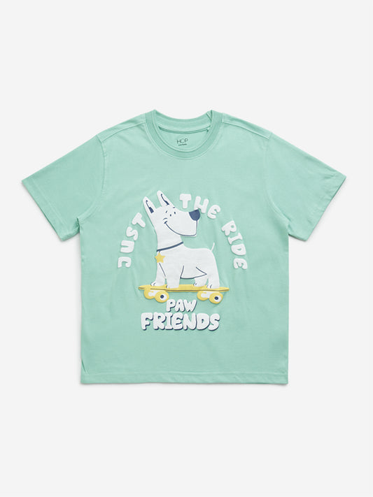HOP Kids Green Dog Printed Cotton T-Shirt