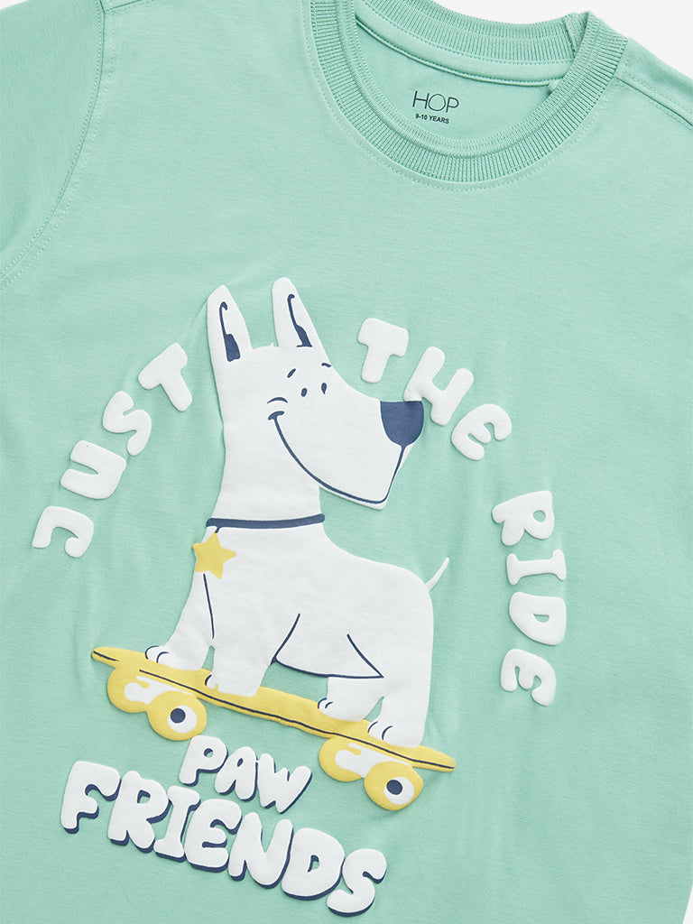 HOP Kids Green Dog Printed Cotton T-Shirt