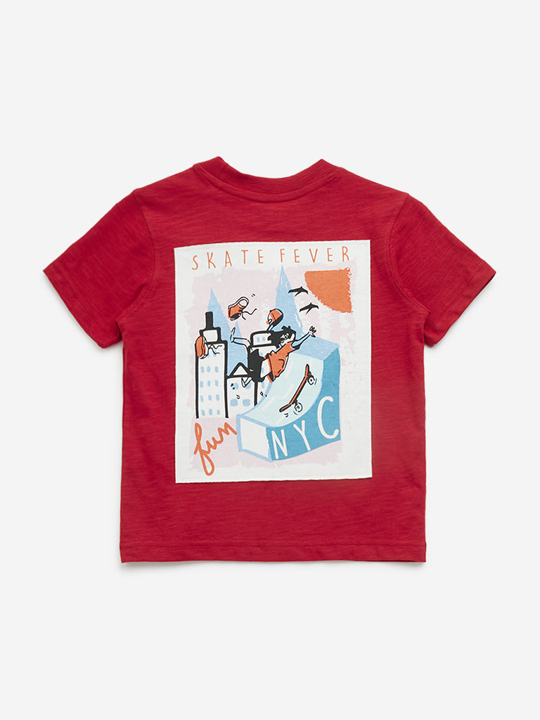 HOP Kids Red Text Printed Cotton T-Shirt