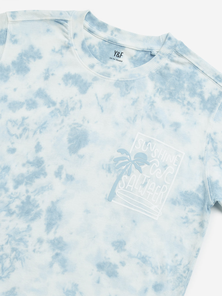 Y&F Kids Blue Tie-Dye Printed Cotton T-Shirt