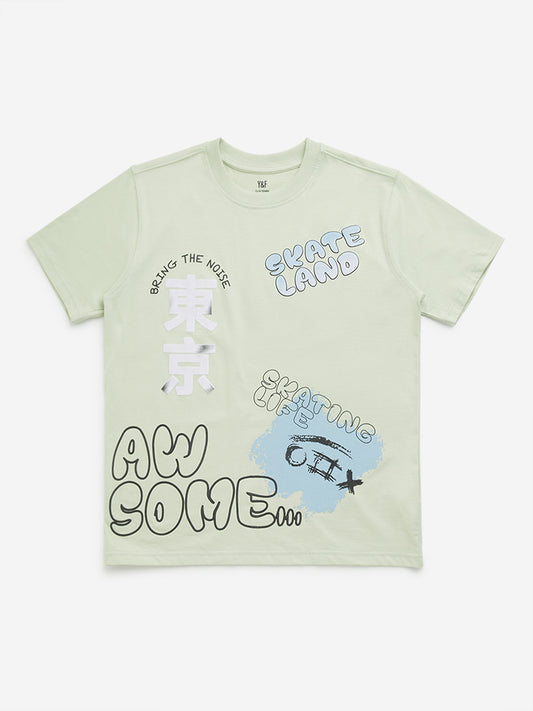 Y&F Kids Sage Text Print Cotton T-Shirt