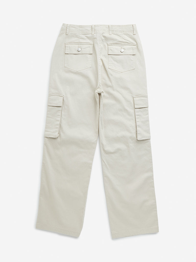 Y&F Kids Beige High-Rise Cargo-Style Cotton Blend Pants